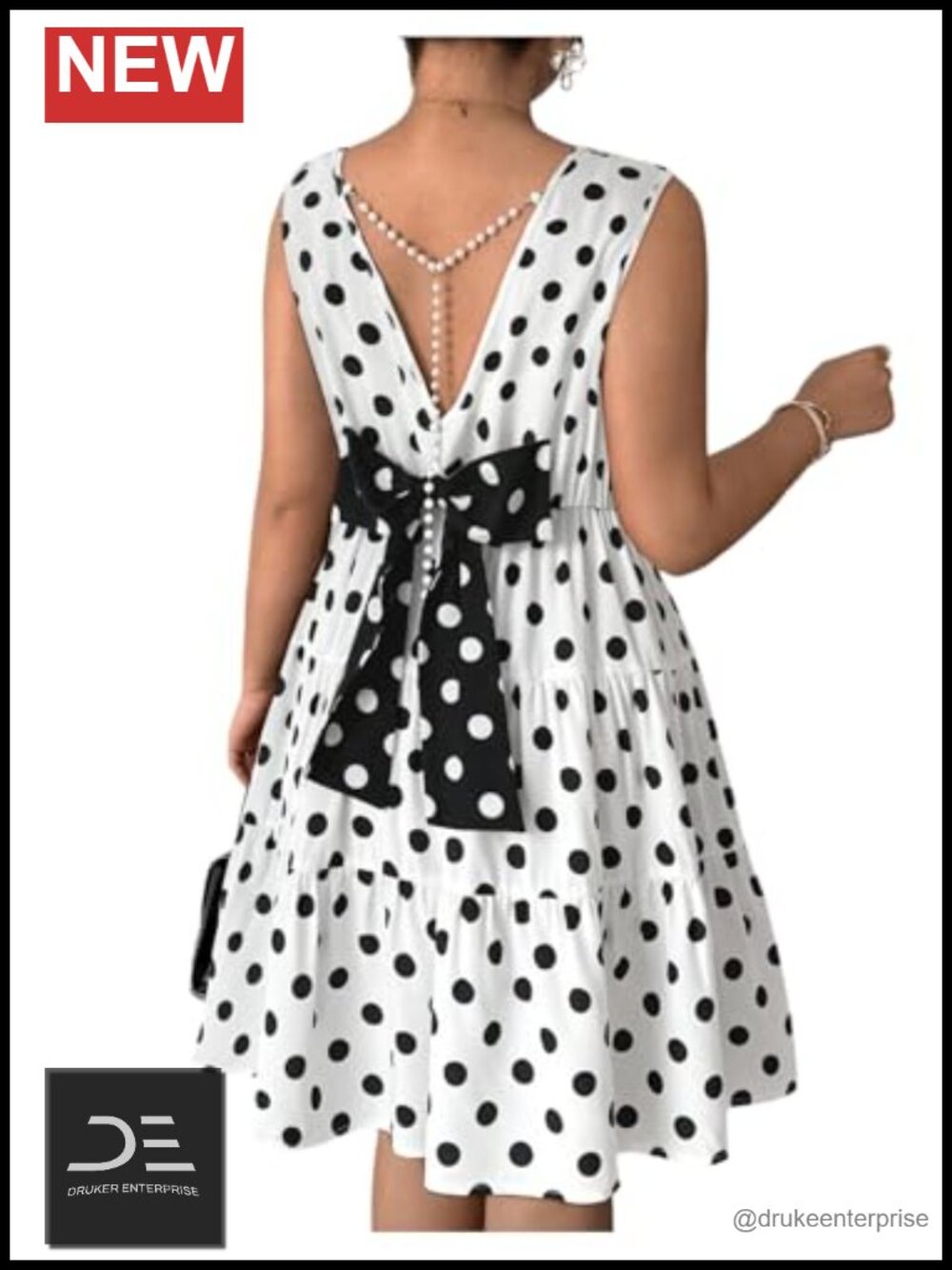 Plus Size Polka Dot Bowknot A-Line Dress Backless Pearl Chains Sleeveless